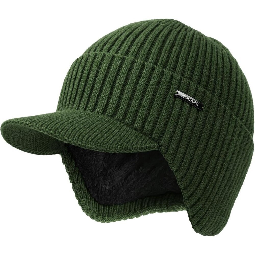 Men & Women Army Green Beanie with Brim and Ear Flaps Fleece-Lined Hat